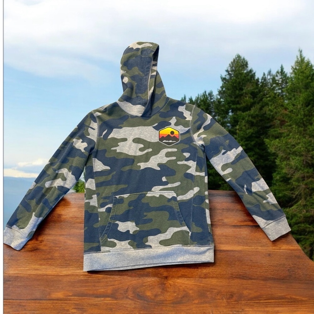 Eddie Bauer Hoodie Boys Large Multicolor Camouflage Woodland Pattern Pullover